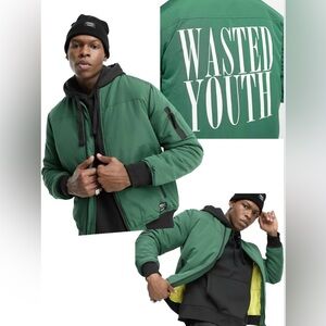 NEW WESC wasted youth logo print bomber jacket in green